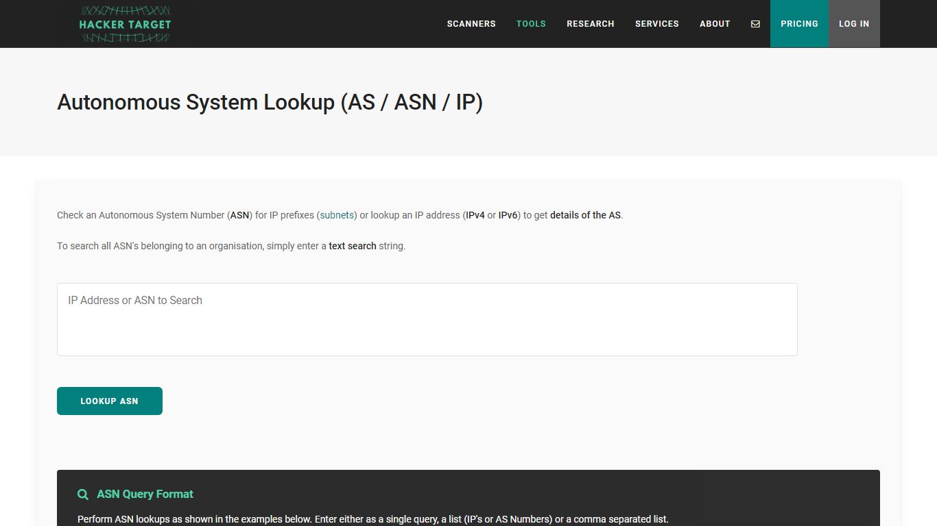 Autonomous System Lookup (AS / ASN / IP) | HackerTarget.com